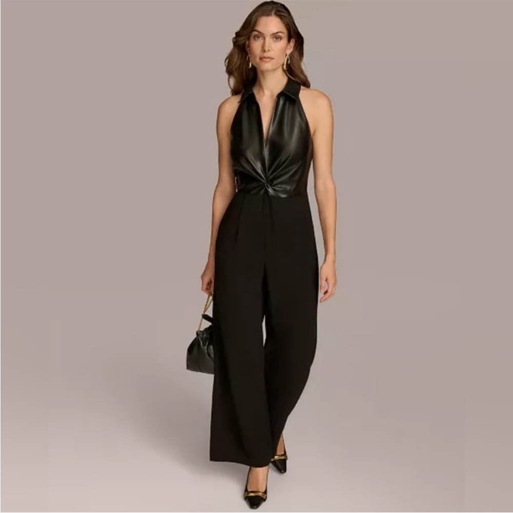 Donna Karan Black Leather Halter Jumpsuit